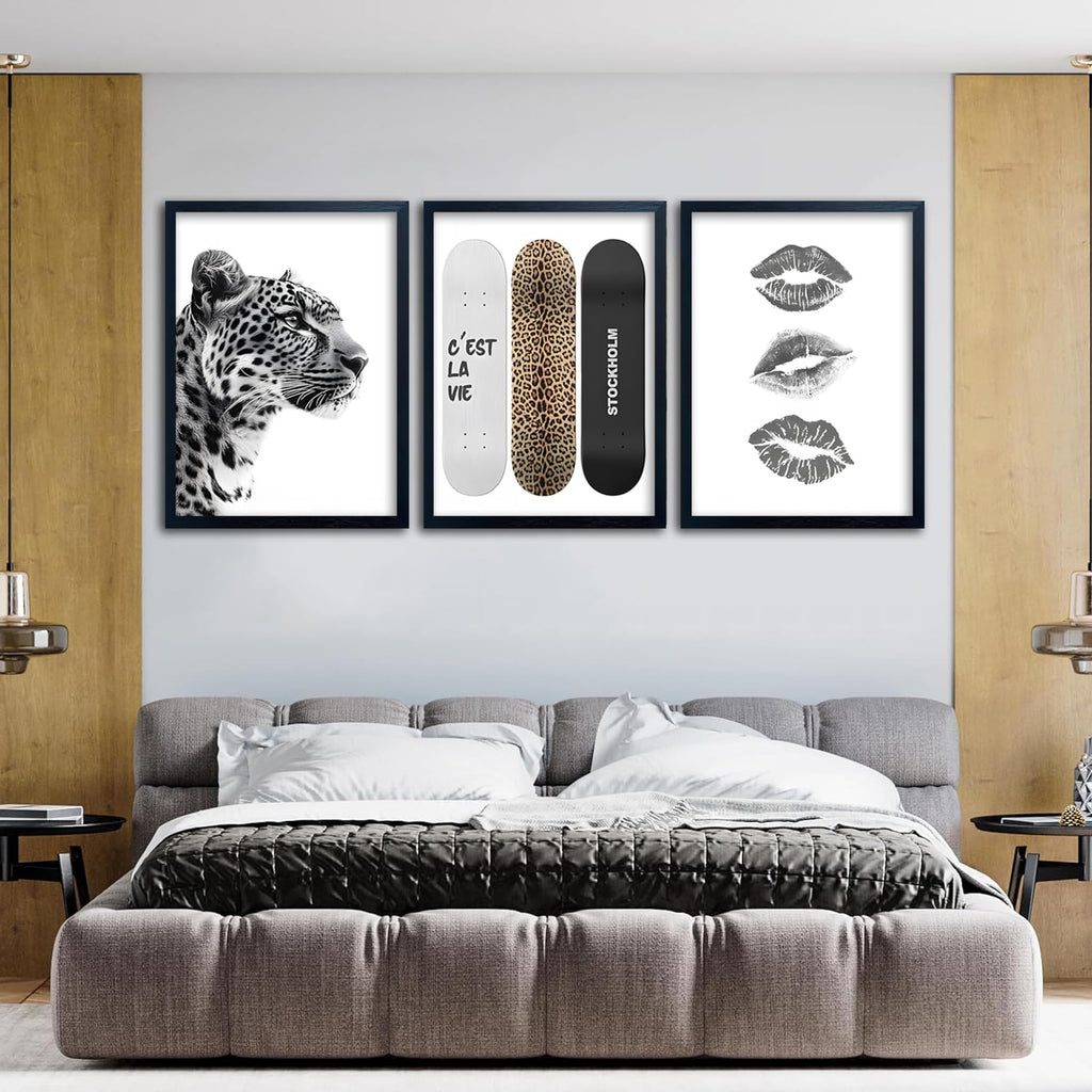 Framed Stockholm Style Canvas Wall Art Set of 3 Black and White Fashion Leopard Print Lips, Preppy Room Aesthetic