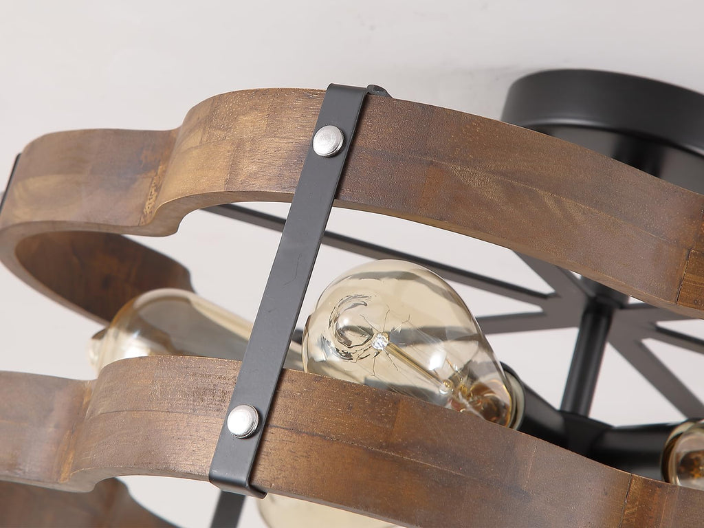6-Light Rustic Farmhouse Wood Flush Mount Ceiling Light Fixture 20 inch Oak Wood and Metal Cloud Cage Semi Flush