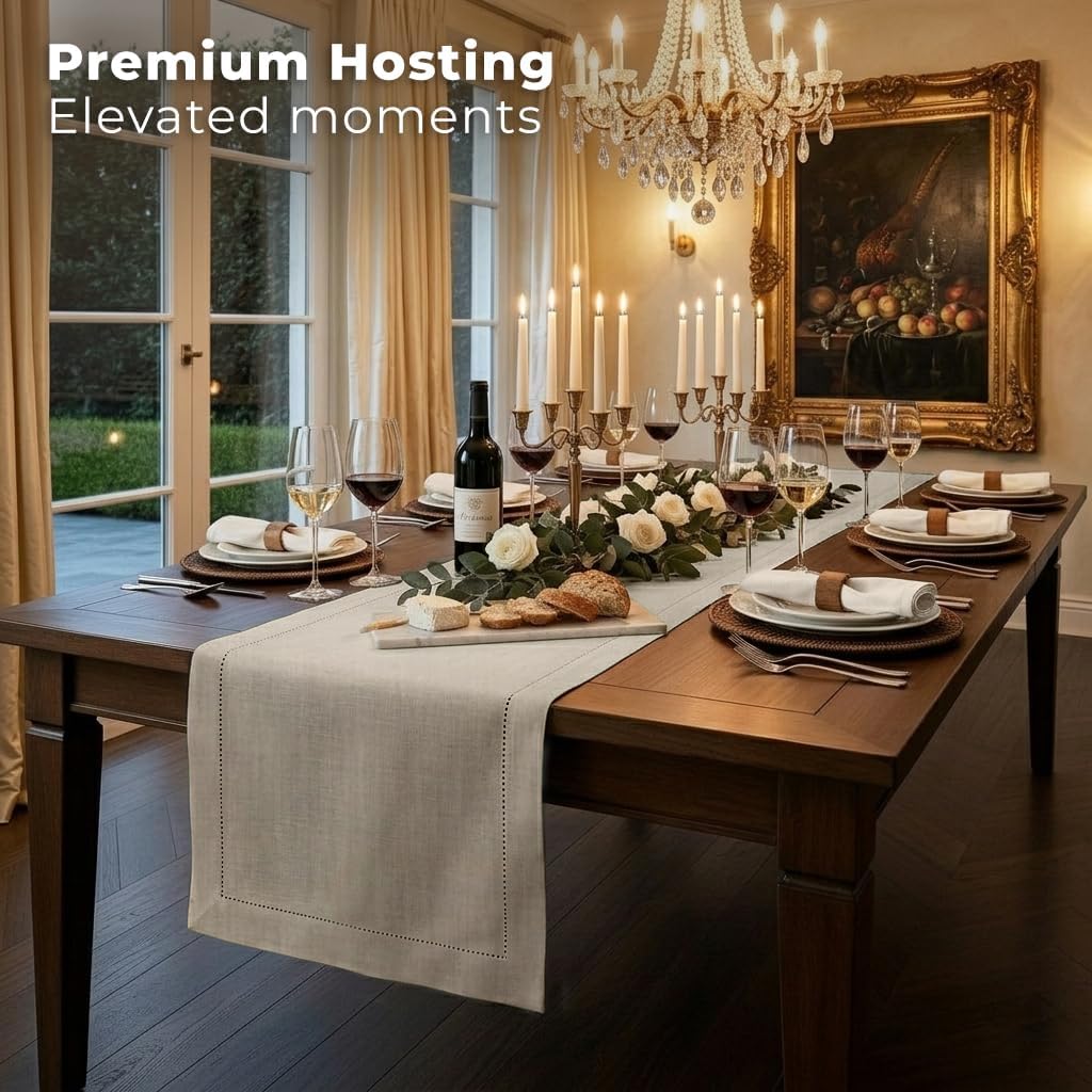 Signature LinenTM by D'Moksha Natural Table Runner 108 Inches Long, 100% Pure Linen, Hemstitch, 14 x 108 Inch Table