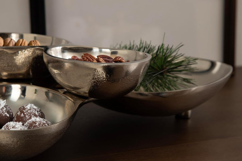 Cluso Modern Metal Tabletop Footed Cluster Tray, 14 x 10, Shiny Silver, Sculptural Cast Aluminum Food-Safe Tray Decor