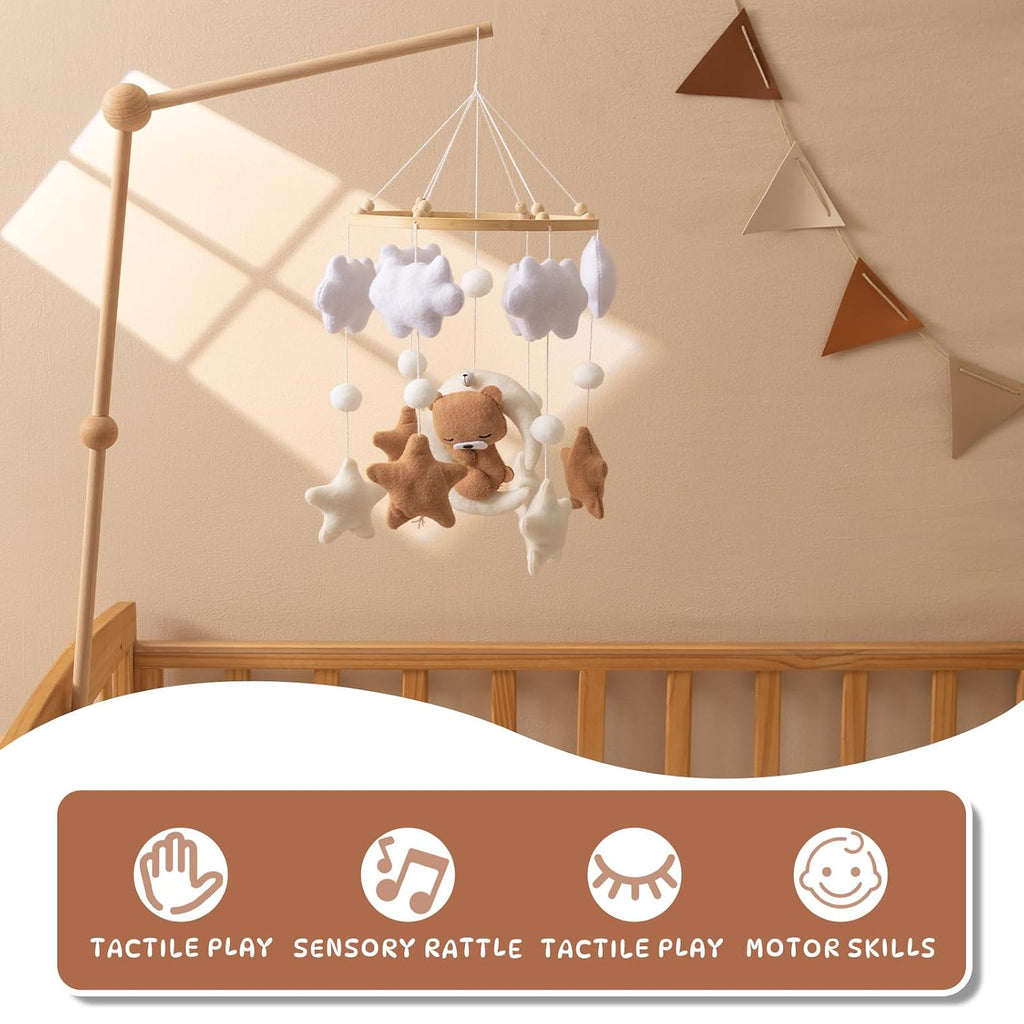 Baby Mobile for Crib - Neutral Boho Nursery Decor with Felt Moon, Stars, Clouds & Bear - Silent Soothing Bed Bell