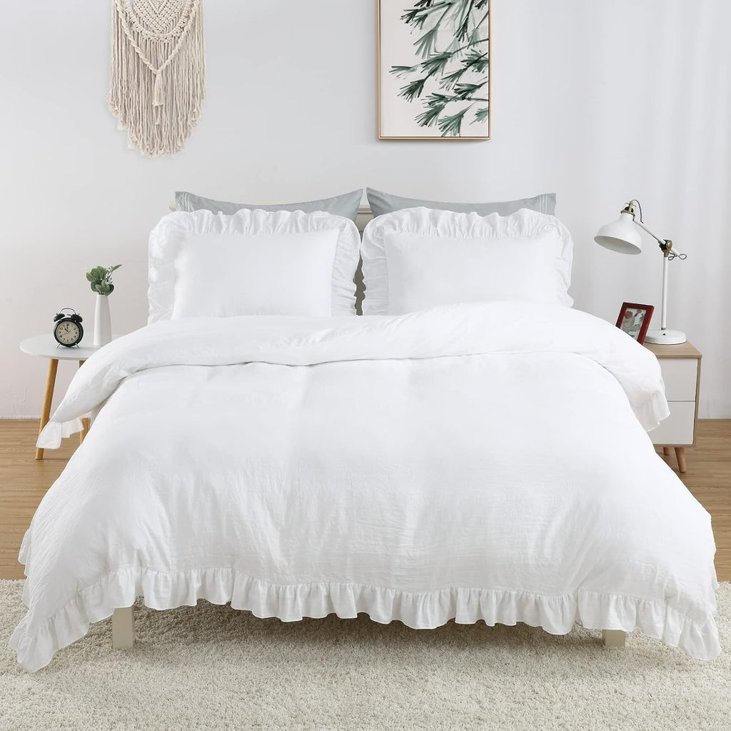 White Ruffle Duvet Cover Queen, 3PCS Soft Washed Microfiber Vintage French Country Duvet Cover Set for Queen Bed