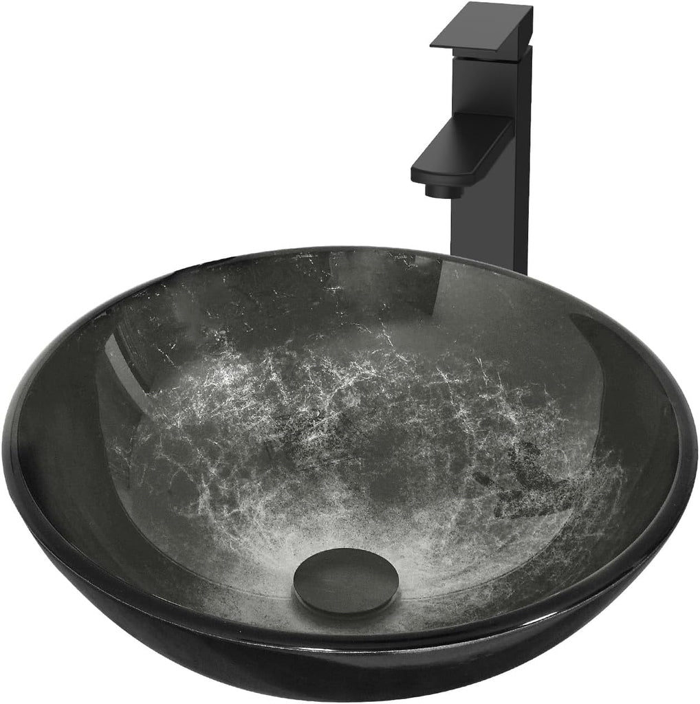 Bathroom Artistic Vessel Sink, Tempered Glass Vanity Round Bowl with Oil Rubber Bronze Faucet and Pop up drain Set