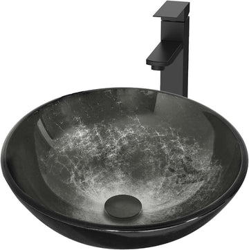 Bathroom Artistic Vessel Sink, Tempered Glass Vanity Round Bowl with Oil Rubber Bronze Faucet and Pop up drain Set