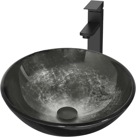 Bathroom Artistic Vessel Sink, Tempered Glass Vanity Round Bowl with Oil Rubber Bronze Faucet and Pop up drain Set