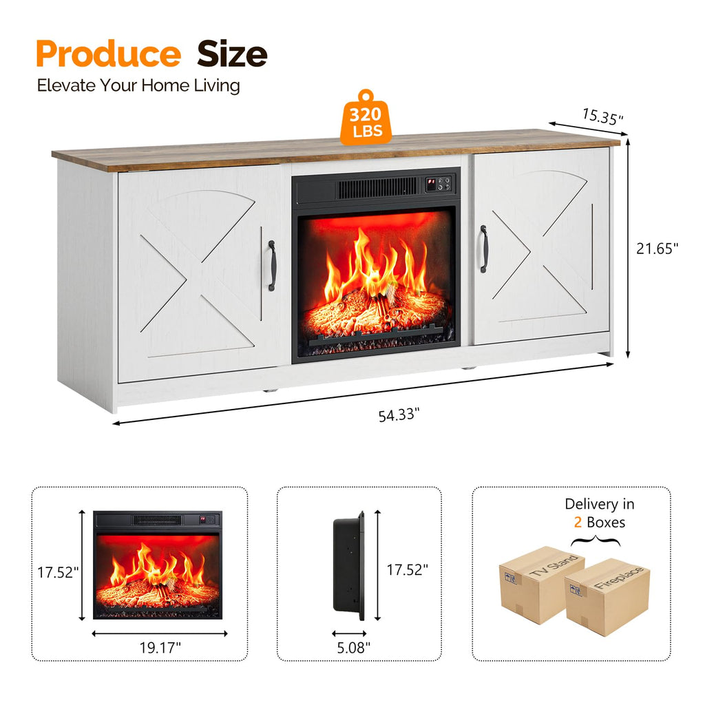 TV Stand with Fireplace and Barn Door for TVs up to 65", White