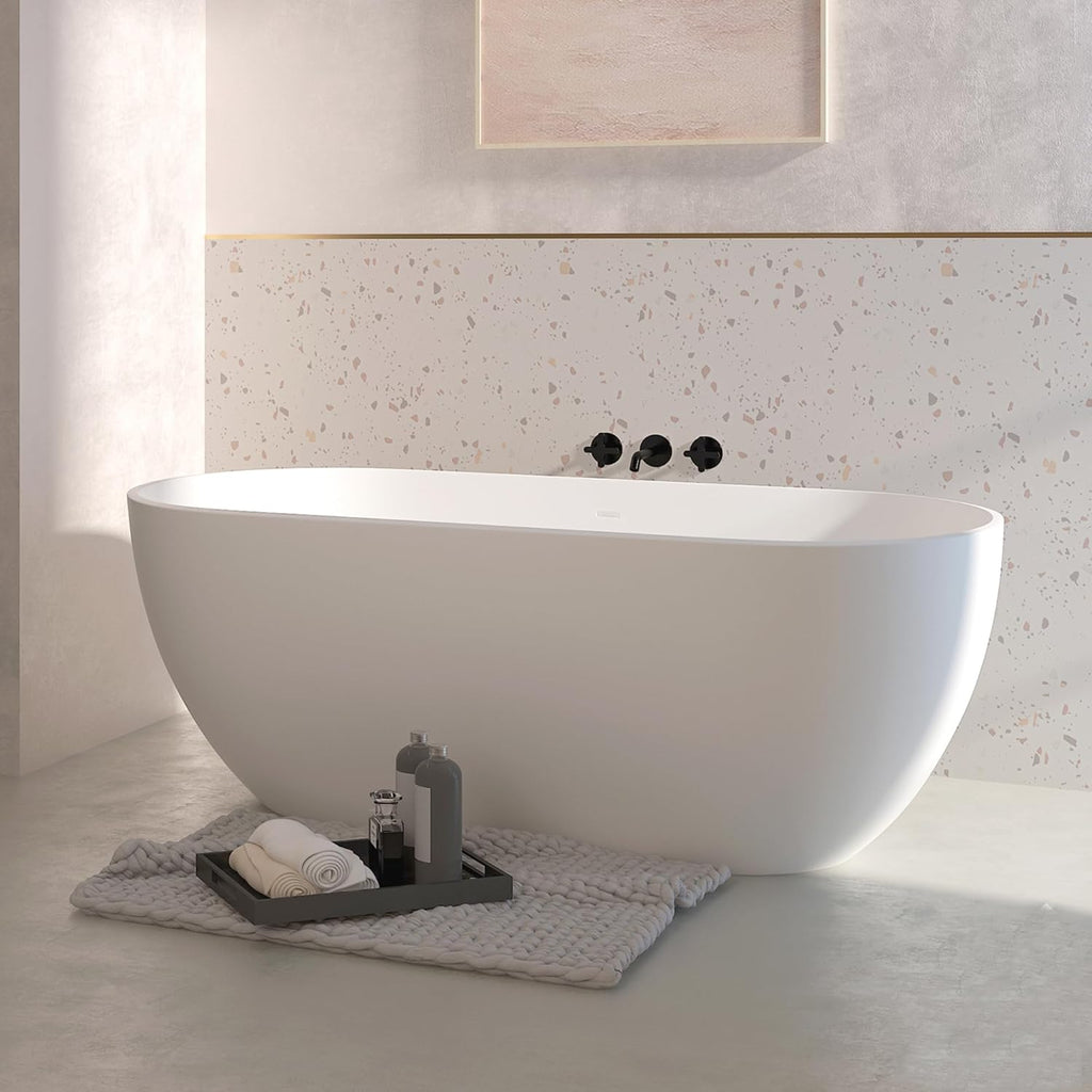 59" Free Standing Tub, Oval-Shaped Stone Resin Freestanding Bathtub Matte White Solid Surface Soaking Tub with Drain