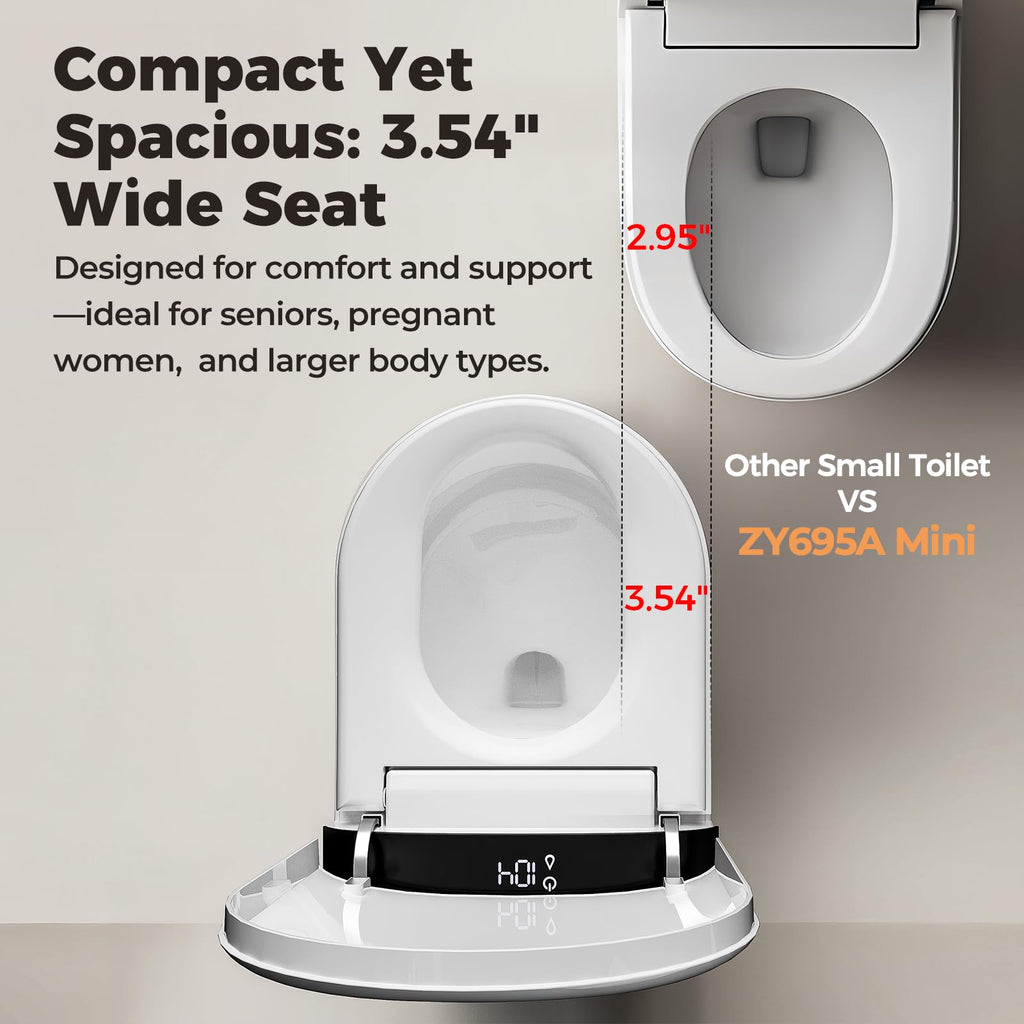Smart Compact Toilet for Small Bathroom, 23" Depth Shallow Toilet with Foam Shield Auto Open/Close Lid, 12" Rough In, Built-in Tank, Heated Seat Foot Sensor Flush One-Piece (ZY695A Mini) ZY695A Mini – 23.23" Overall Depth