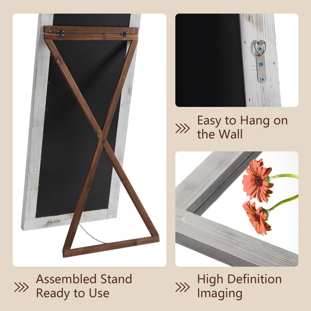 Rustic Farmhouse Full Length Mirror with Stand 71"x32", White