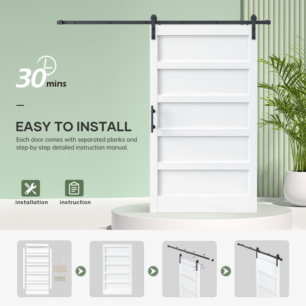 48x84 Inch White Sliding Barn Door Slab with 8ft Hardware Kit Included, 5-Panel, MDF Wood Panel Covered with