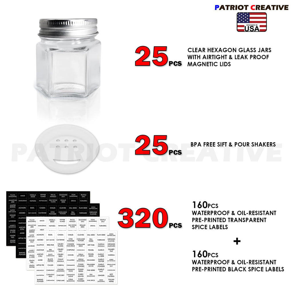 Set of 25 Hexagon Glass Spice Jars with Shaker Lids and Labels for Refrigerator, Kitchen, RV Travel Trailer Magnetic