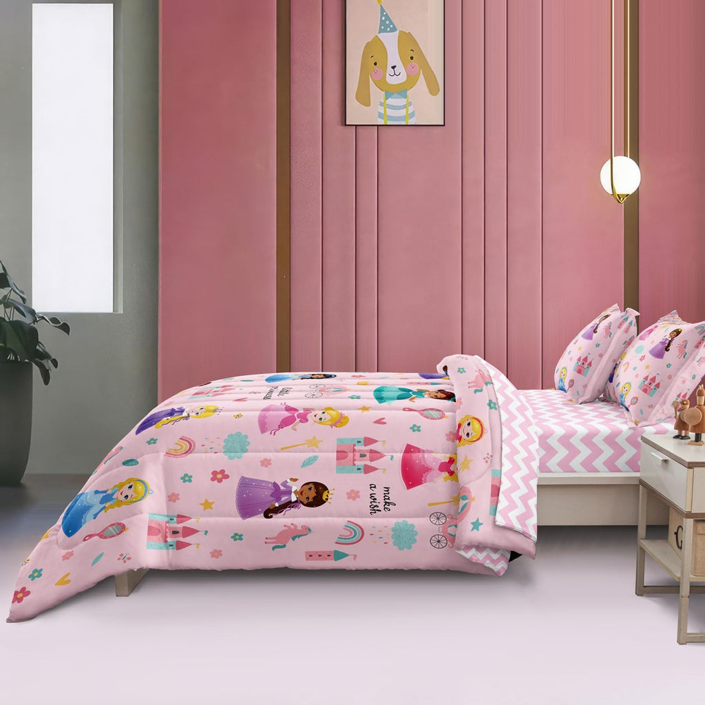Kids Girls Princess Comforter Set Twin, Pink | Bed in a Bag, 5 Piece Set, Soft Cute Castle Bedding, 1 Comforter, 1