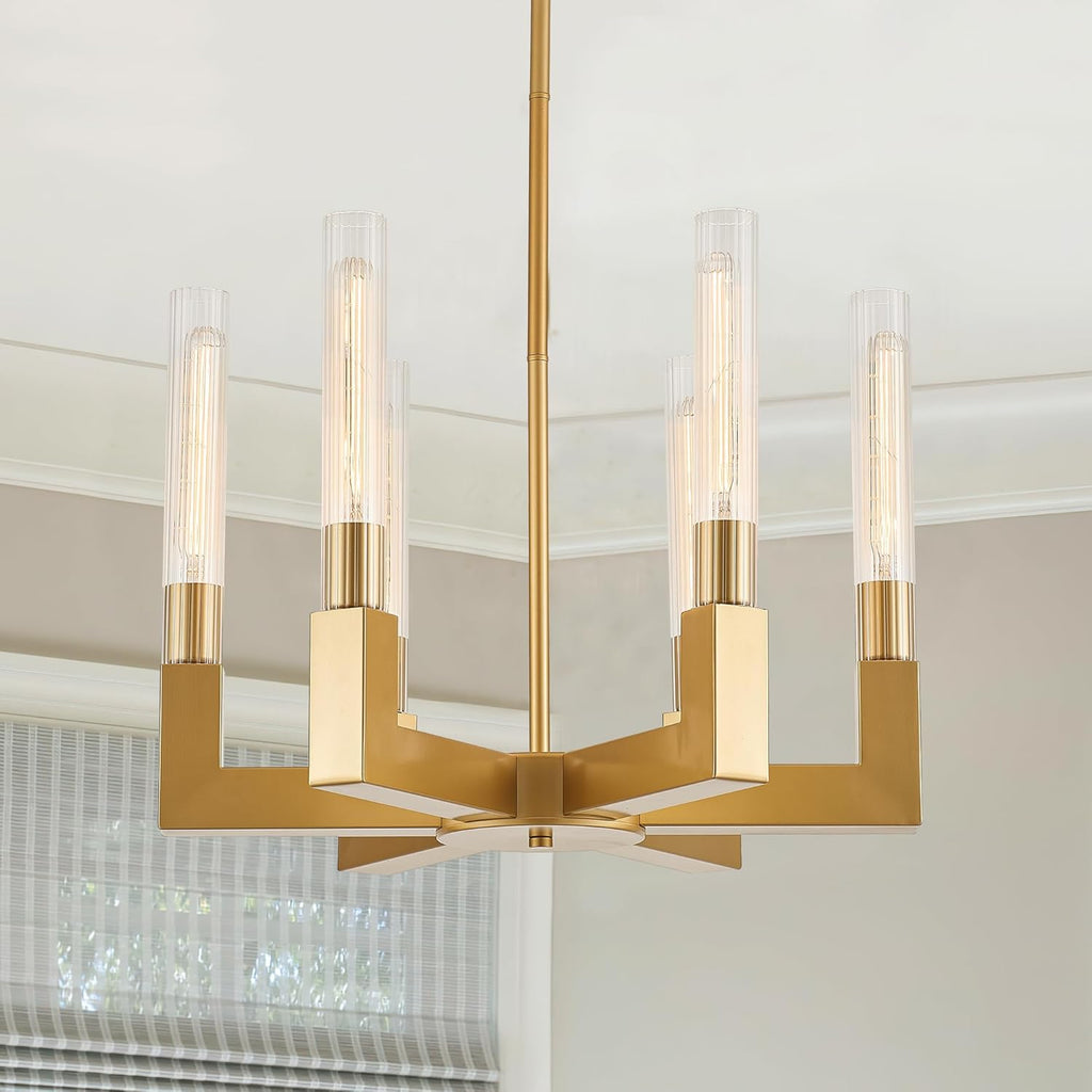 Brass Gold Chandelier with Striped Glass Shades, 6-Lights Adjustable Modern Pendant Light Fixtures for Dining Room,Kitchen Pendant Lighting Over Island, E26 Base (Included Bulbs) A114-B0F1FHWL7J