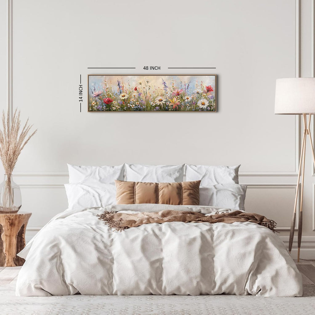 Wood Framed Wildflower Wall Art Bedroom Wall Decor Above Bed, Colorful Flower Poppy Daisy Picture Abstract Nature