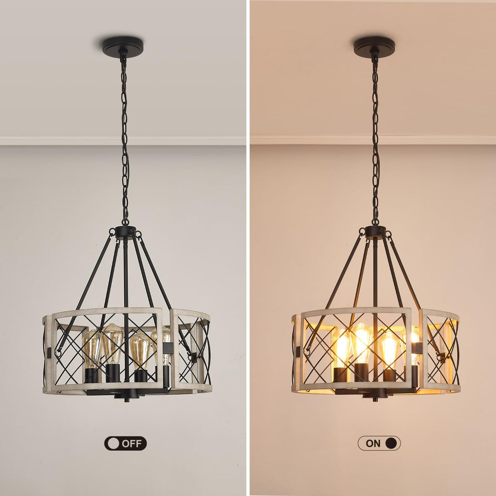 D19'' Farmhouse Chandelier, 4-Light Adjustable Dining Room Light Fixture Kitchen Island Lighting, Rustic Hanging