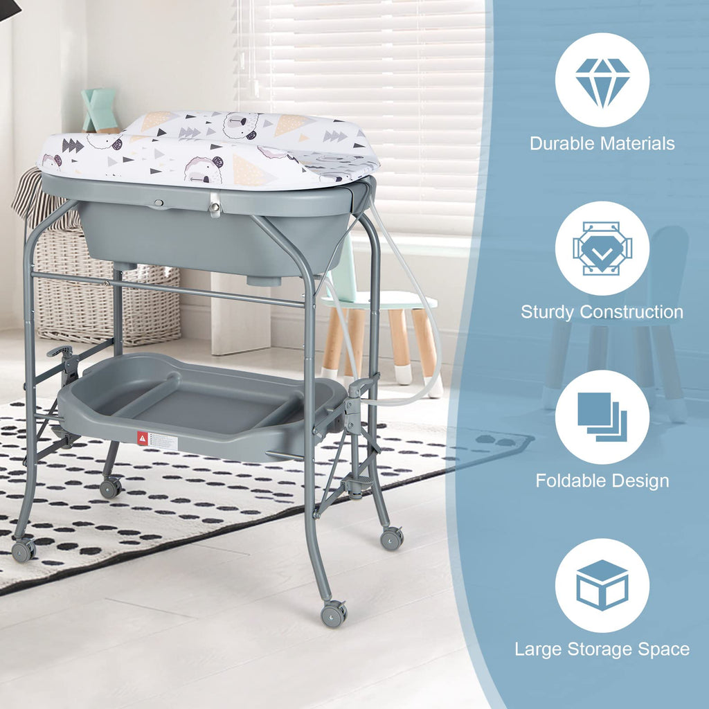 Bathtub with Stand, 2 in 1 Bath Tub & Changing Table, Foldable Infant Diaper Changing Station with Wheels, Storage