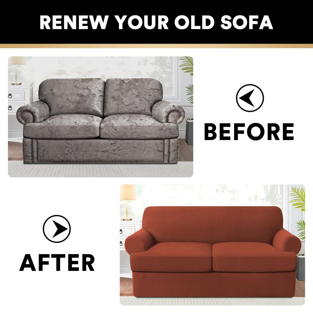 T Cushion Loveseat Slipcover - 3 Pieces Sofa Cover for 2 Cushion Couch with 2 Individual T Shape Seat Covers Width Up