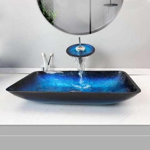 22" Blue Bathroom Vessel Sink,Rectangle Tempered Glass Washing Sink Bowl with Faucet And Drain, Artistic Bowl Sinks