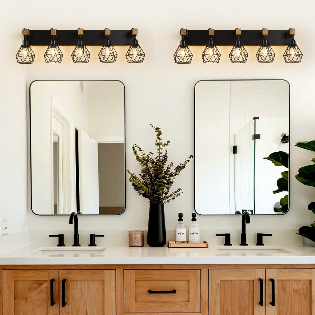 5 Light Bathroom Vanity Light, Farmhouse Black Fixture Over Mirror
