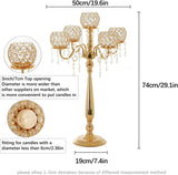 2Sets 5 Arm Gold Crystal Candelabra Centerpieces for Table,29.5 Inch Tall Metal Candlestick Holdersrty Table Decoration