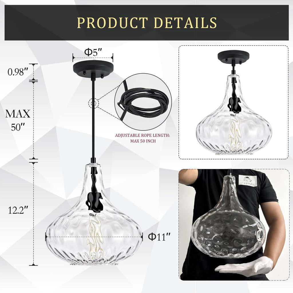 11" Clear Hammered Glass Pendant Light, Black Kitchen Island Light