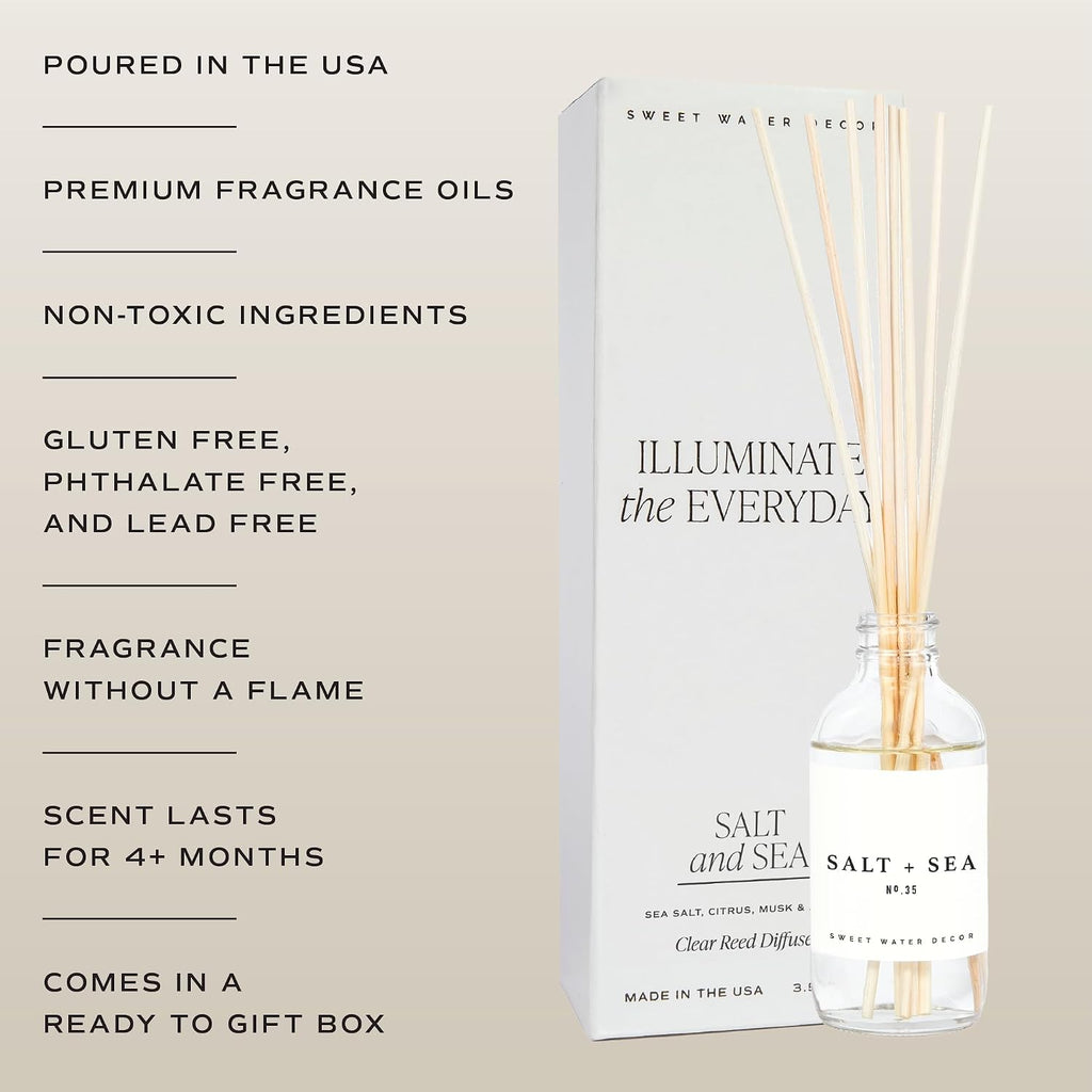 Salt & Sea Reed Diffuser Set - Sea Salt Citrus & Musk Amber Scent Diffuser - Reed Diffusers with Long Lasting