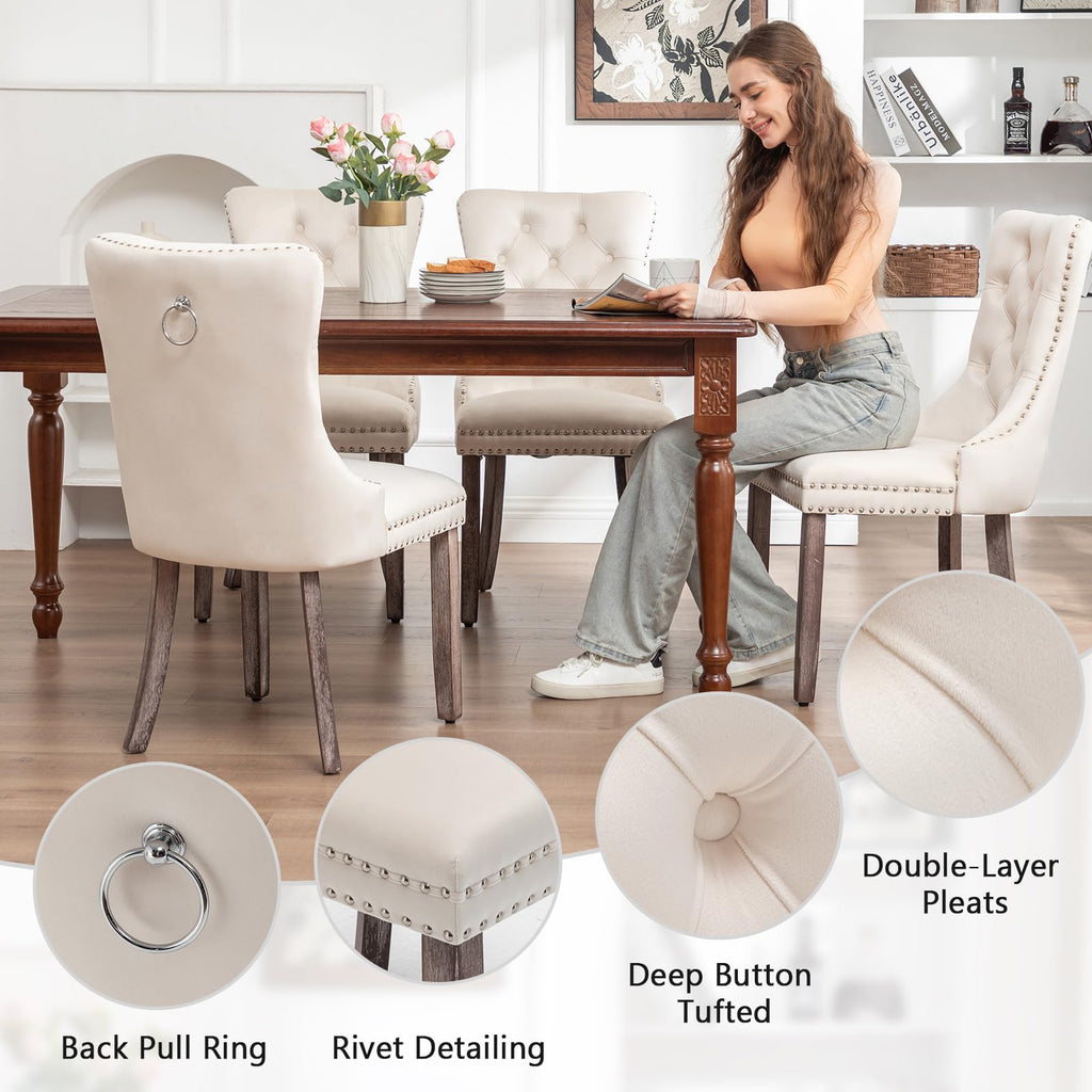Set of 4 Upholstered Chairs with Tufted Back, Beige