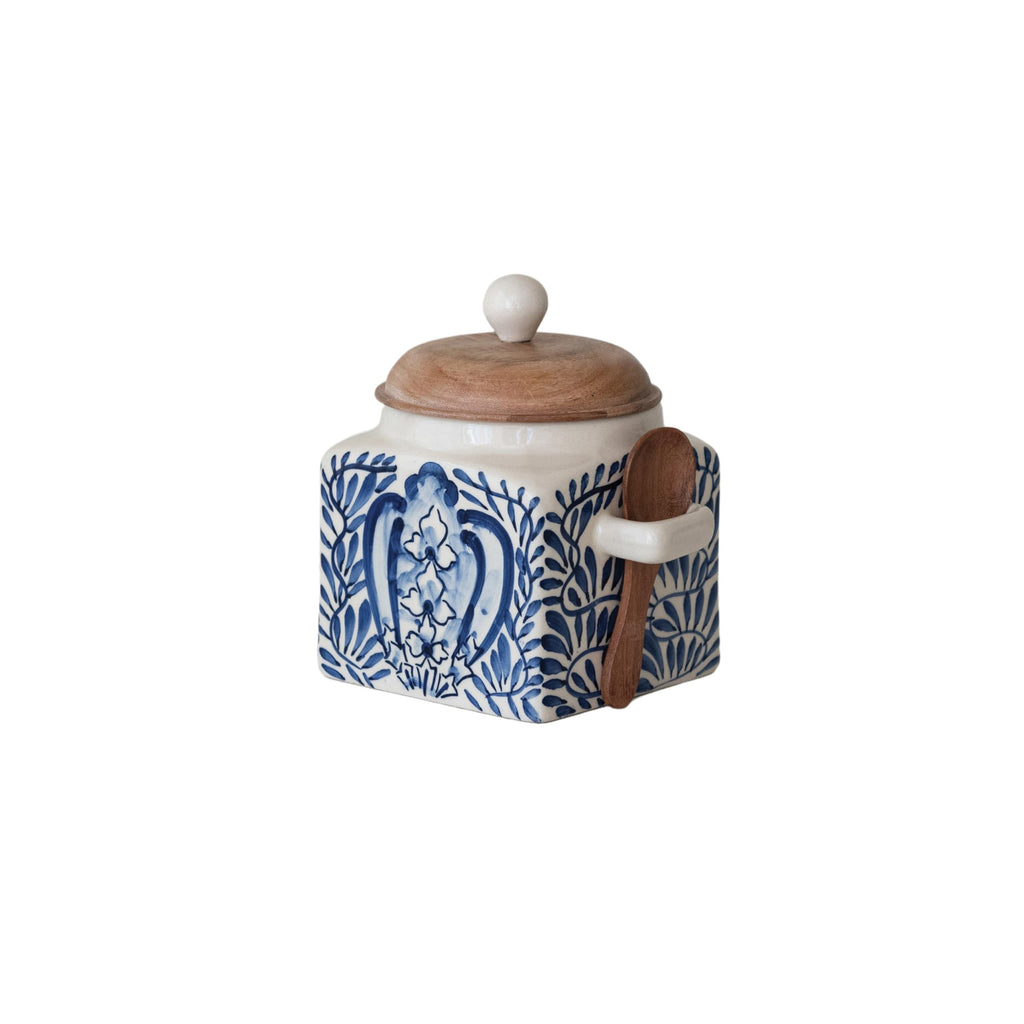 Co-Op Stoneware Canister with Design, Lid and Spoon, Cream, Blue and Natural