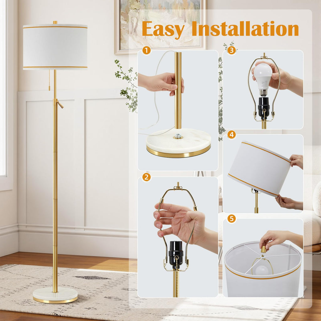 Marble Floor Lamp, Adjustable Height Standing Lamp with Marble Base Tall Lamp with White Shade Floor Lamps Bulbs Not
