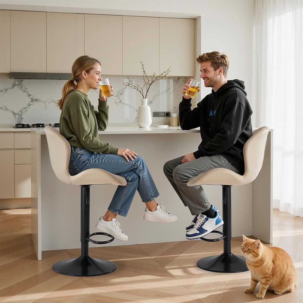Bar Stools Set of 2, Modern Swivel Bar Chairs, Adjustable Fabric Upholstered Barstools Counter Height with Backrest