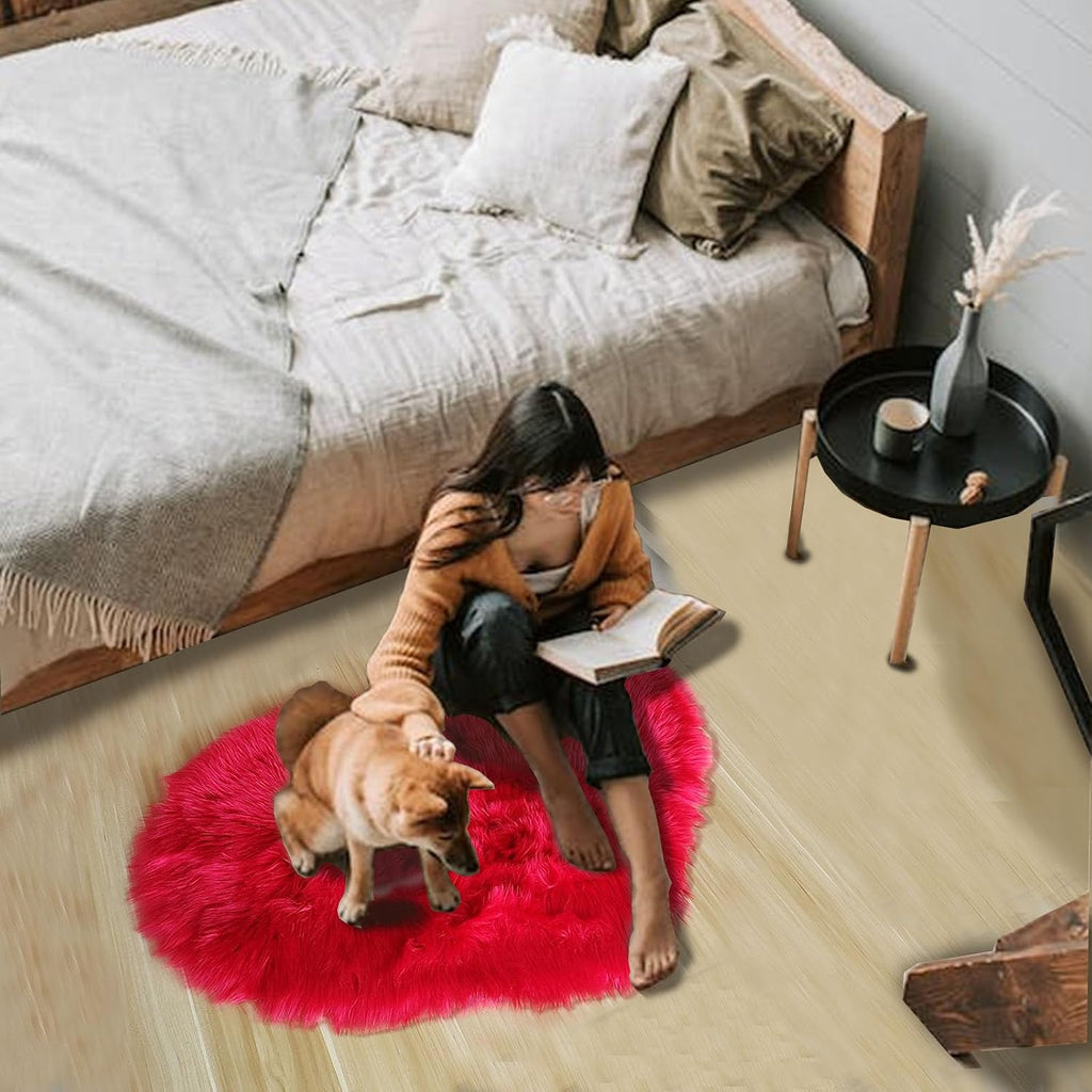 Valentines Heart Rug, Red Heart Shaped Rug, Fluffy Faux Fur Rugs, Shag Mats Living Room, Love Coquette Room Decor 2x3