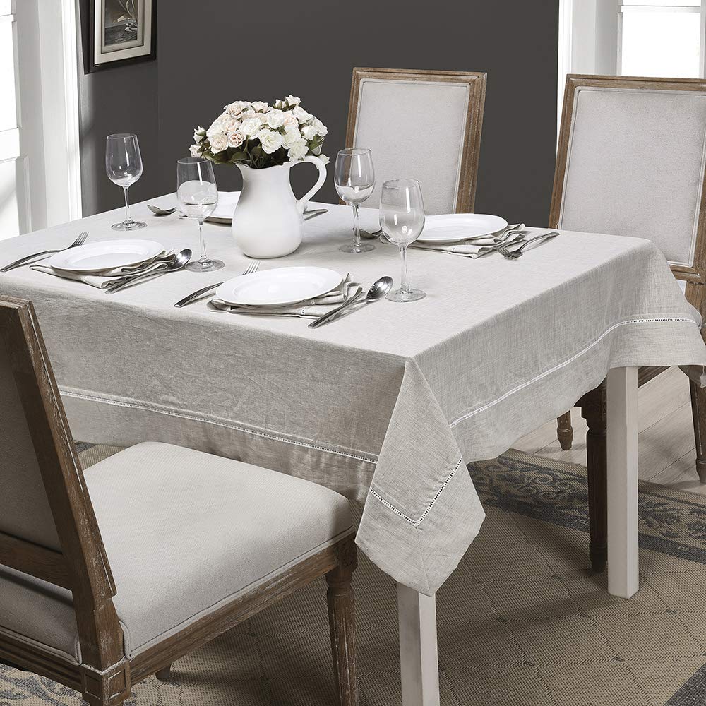 Premium 100% Linen Hemstitch Tablecloth-60 x 120 Inch Natural Linen, Natural Fabric, Rectangular Tablecloth for