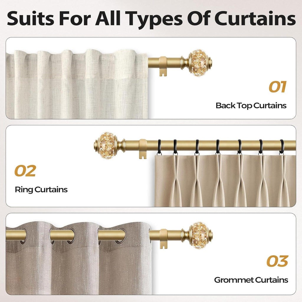 1 Inch Gold Curtain Rods for Windows, Telescoping Single Drapery Rod, Decorative