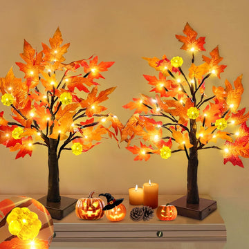 Fall Decor 2 Pack 18 Inch Prelit Fall Maple Tree 48 LEDs Timer - Set of 2