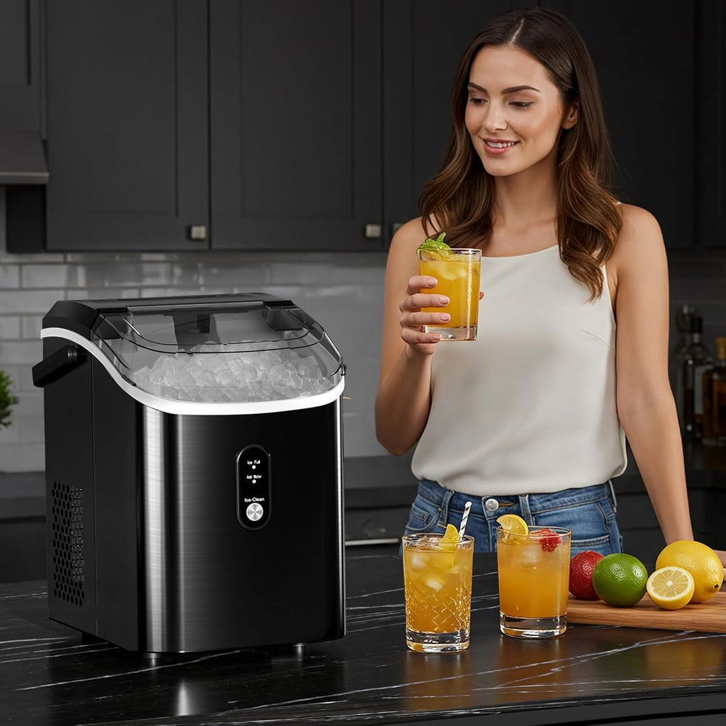 Nugget Ice Maker Countertop with Soft Chewable Ice, Portable Sonic Ice Maker with Basket and Scoop, Removable Top