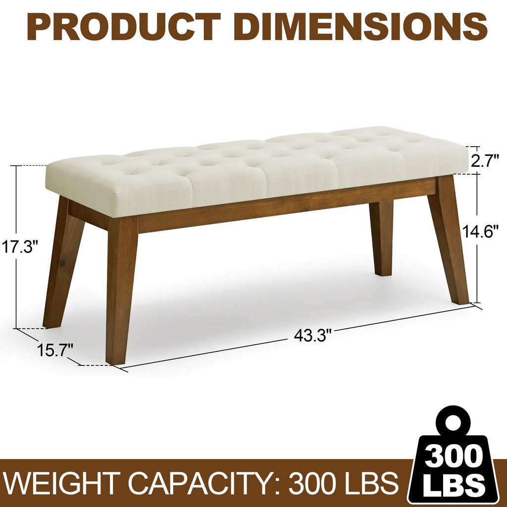 43.5'' Linen Bedroom Bench, Upholstered End of Bed Bench with Tufted Button, Padded Vintage Dining Bench, Entryway