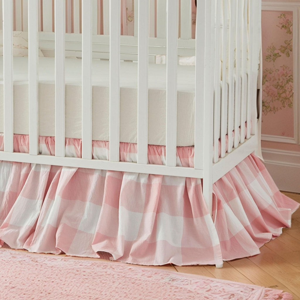 Gingham Gathered Crib Skirt, Baby Boy, Baby Girl, Gender Neutral Crib Skirt, 100% Cotton, 4-Sided, Light Pink Plaid