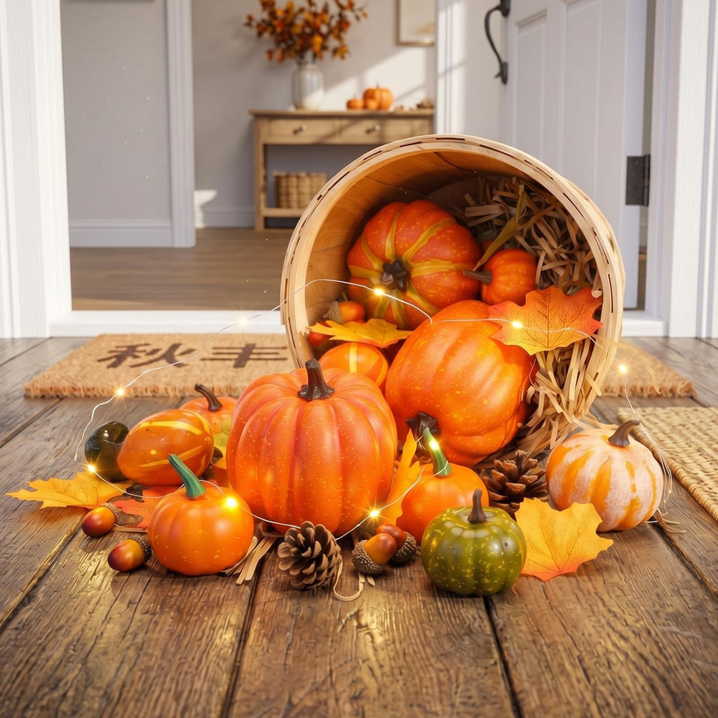 Fall Front Porch Decor Set Wooden Autumn Harvest Basket 9 x 6.7 in