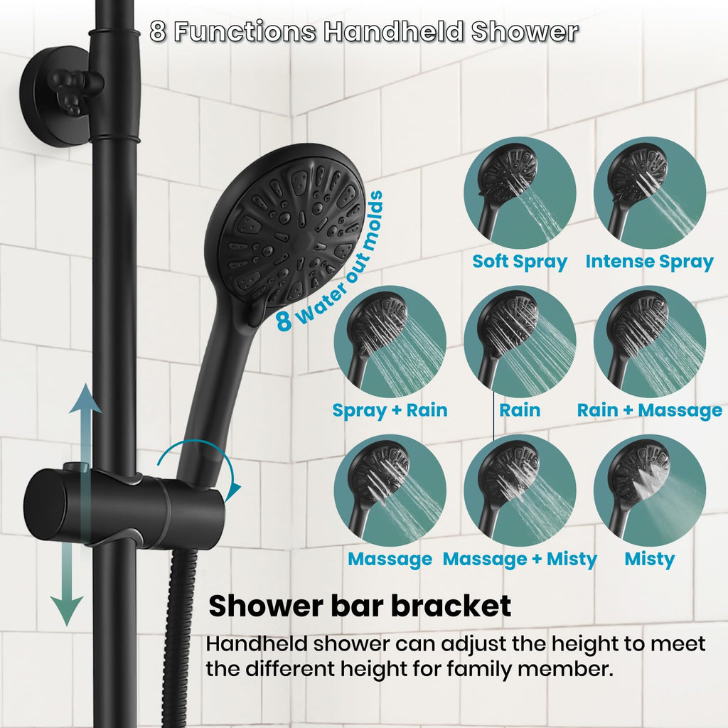 Exposed Shower System Wall Mount, Matte Black, ABS Handheld