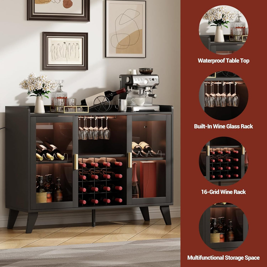47" Wine Cabinet with LED Light, Living Room Compact Wine Bottle Storage , Wine Bar Cabinet with Glasses Rack