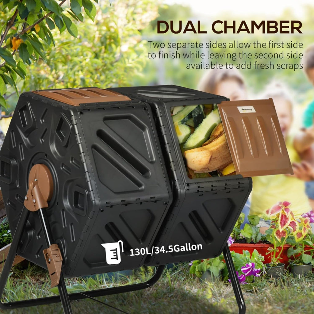 Outdoor Dual Chamber Compost Tumbler Bin with Steel Frame and 4 Ventilation Openings for Garden, Park, Kitchen