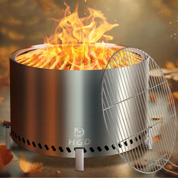 28" Smokeless Fire Pit with Stand & Grill Rack, Large Stainless Steel Wood Burning Firepit with Secondary Combustion