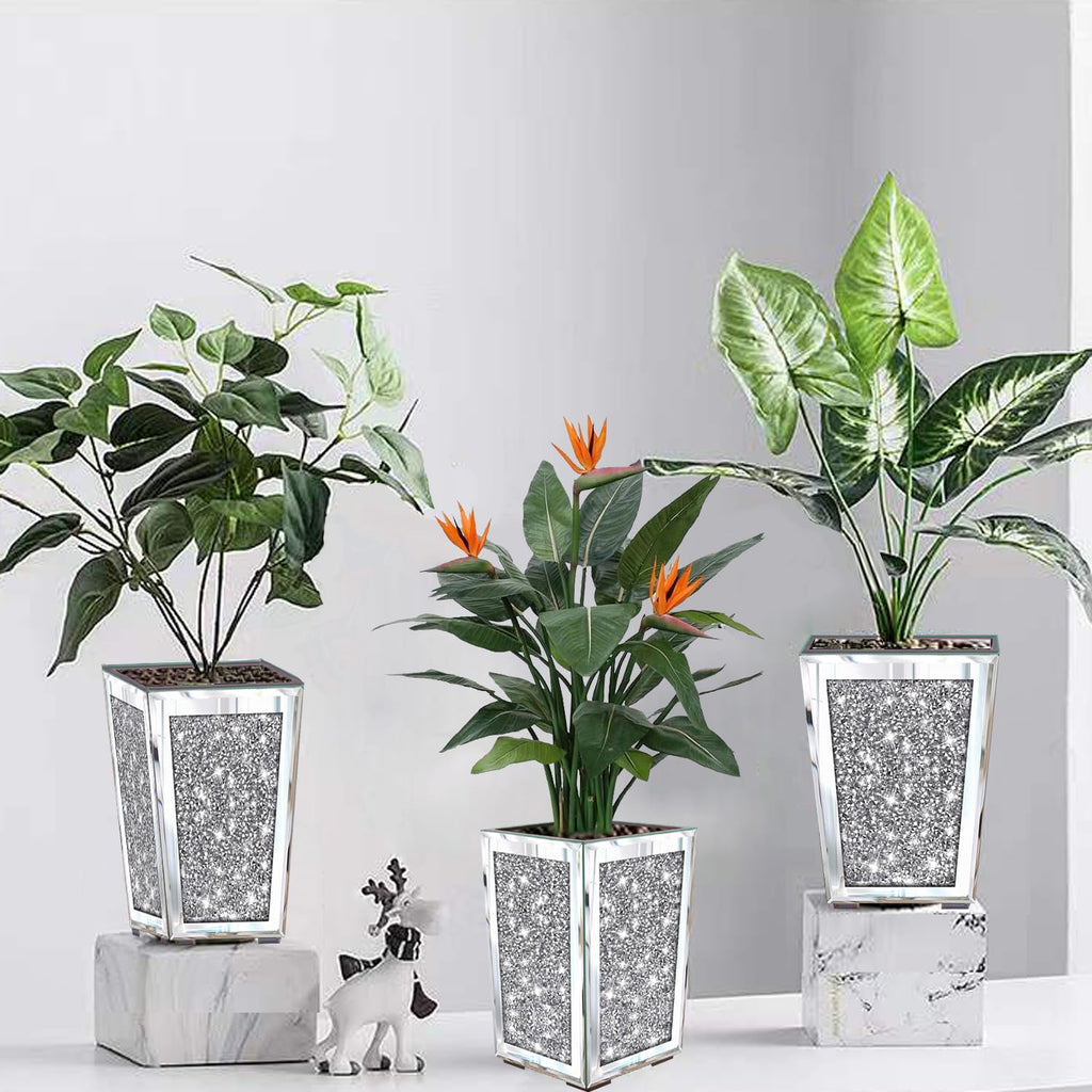 Crushed Diamond Mirrored Planter, Crystal Silver Glass Decorative Mirror Luxury Flower Pot, with Drainage Hole and