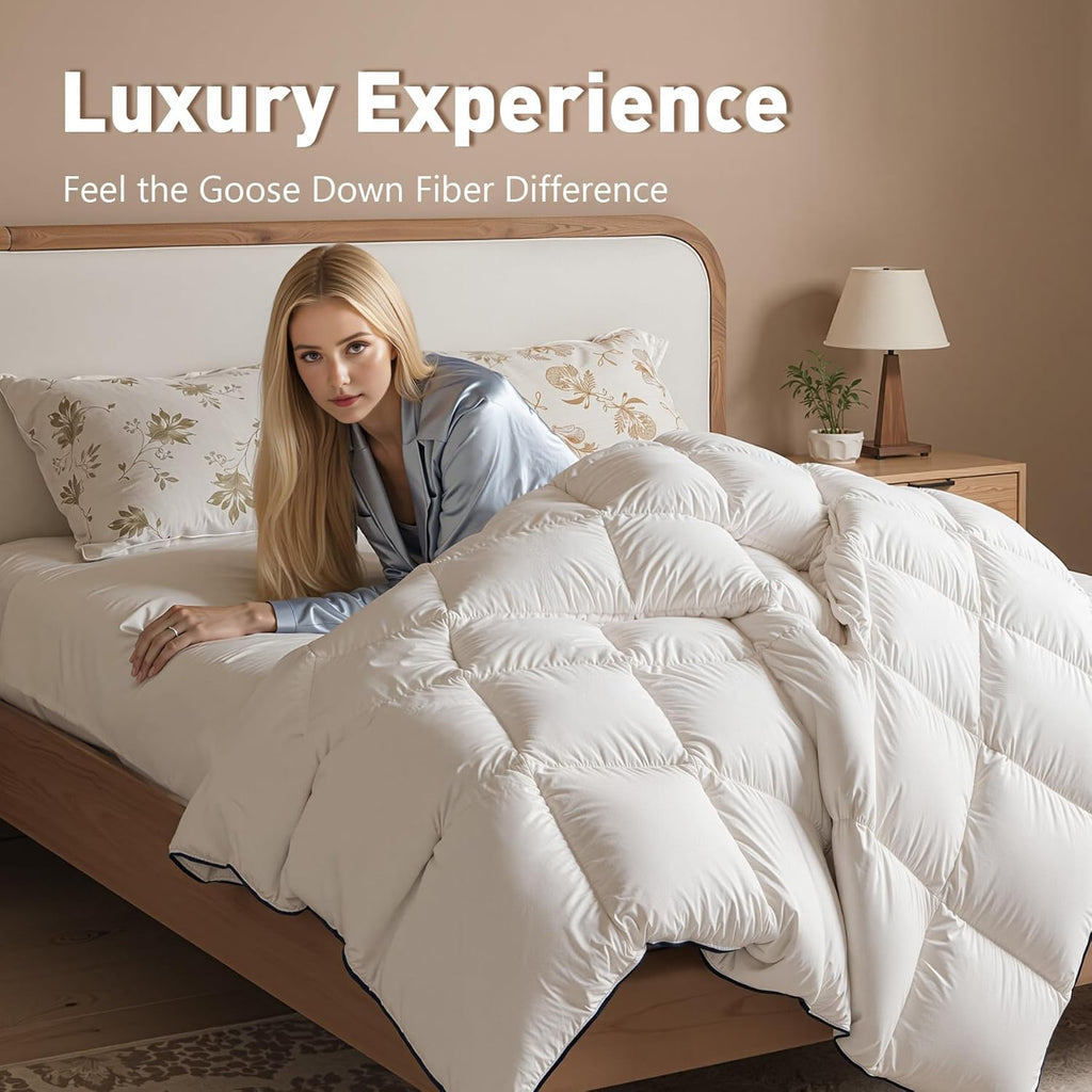 Breathable White Goose Down Fiber Comforter Queen 90”x90”, Super Cozy and Soft Hotel Quilted Duvet I