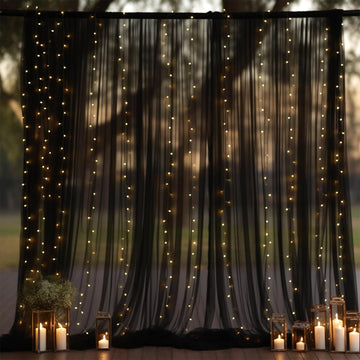 10x10ft Black Tulle Backdrop Curtain with Lights String for Parites, Sheer Photo Backdrop Drapes for Wedding Baby