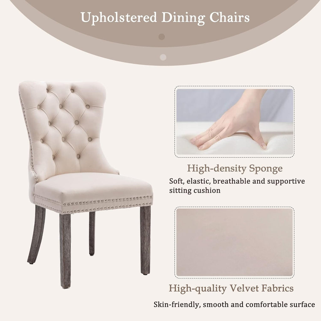 KCC Velvet Dining Chairs Set of 2, Upholstered High-end Tufted Dining Room Chair with Nailhead Back Ring Pull Trim