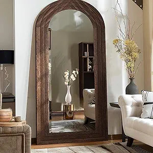 Arched Full Length Mirror with Solid Wood Frame, 71X32 Farmhouse Wall Mounted Floor Mirror with Stand, Vertical