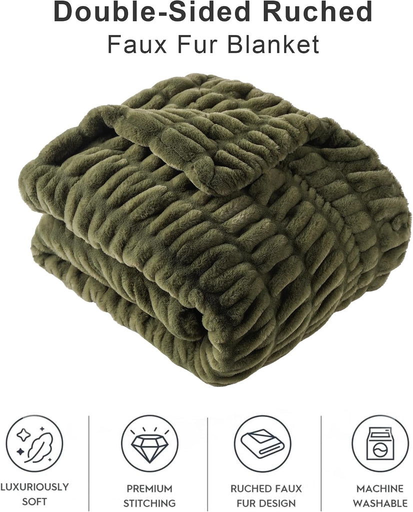 Super Soft Faux Fur Throw Blanket for Couch, 50"x60", Double Side | Olive Green Throw Blanket, Bubble Blanket, Cozy