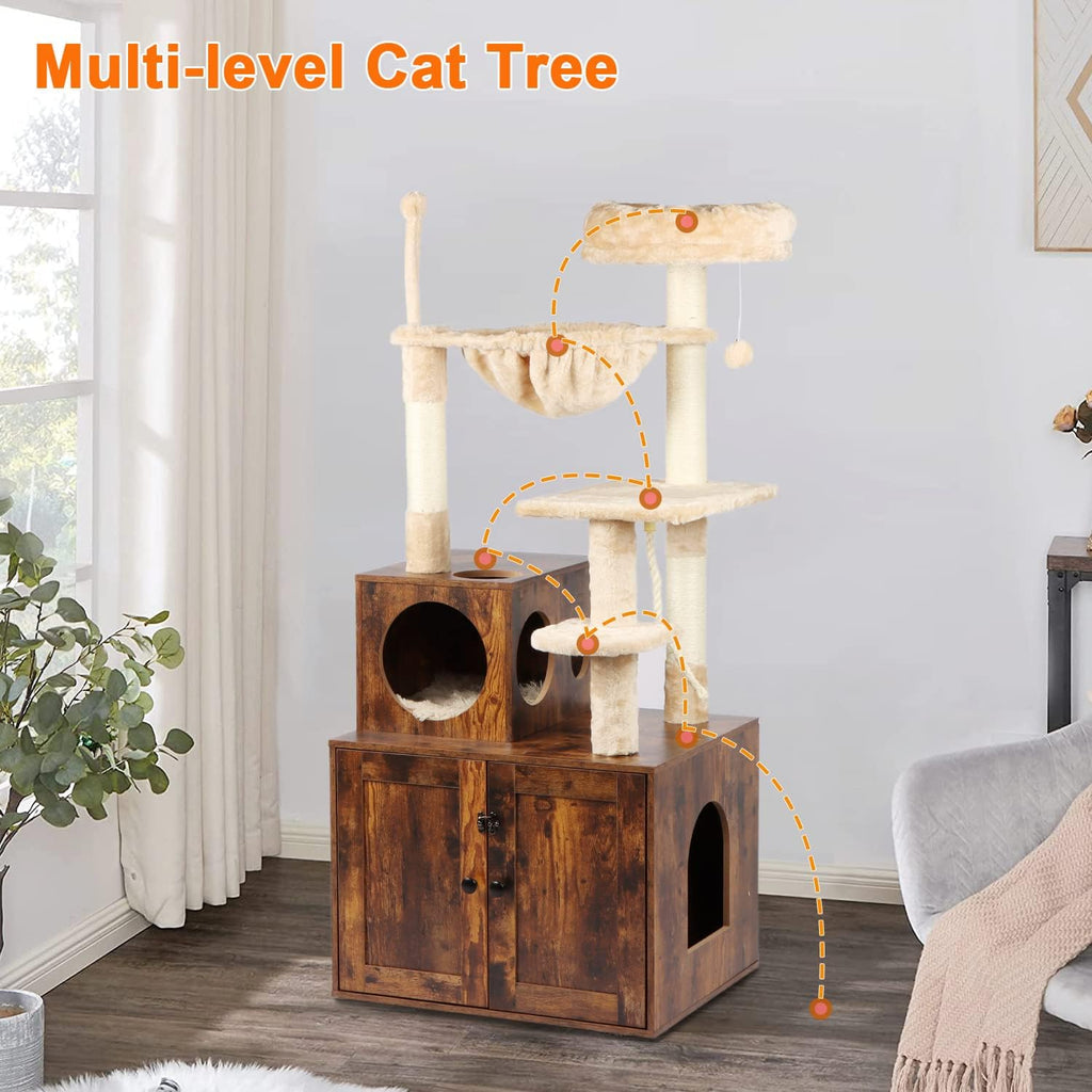 Cat Tree with Litter Box Enclosure, 2-in-1 Cat Tower