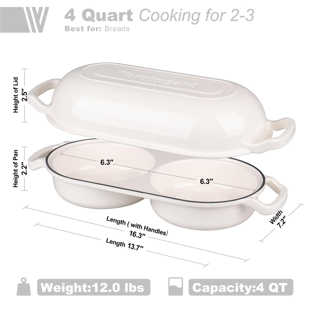 Enameled Cast Iron Double Dutch Oven with Lid, Dual Round Loaf Pan, Bread pan made Sourdough Bread Baking, White